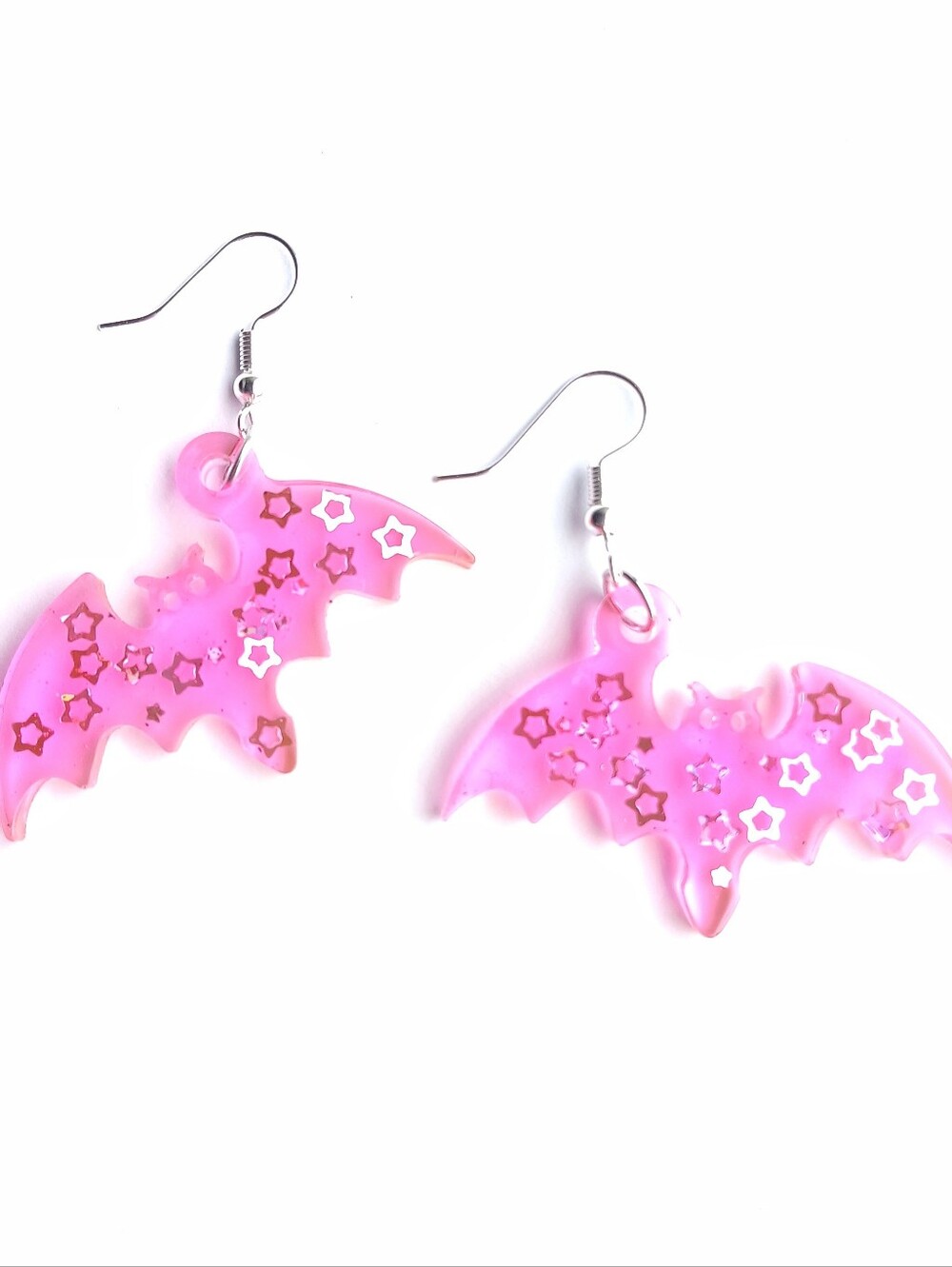 Magenta pink purple bat earrings with holographic star glitter and silver hooks